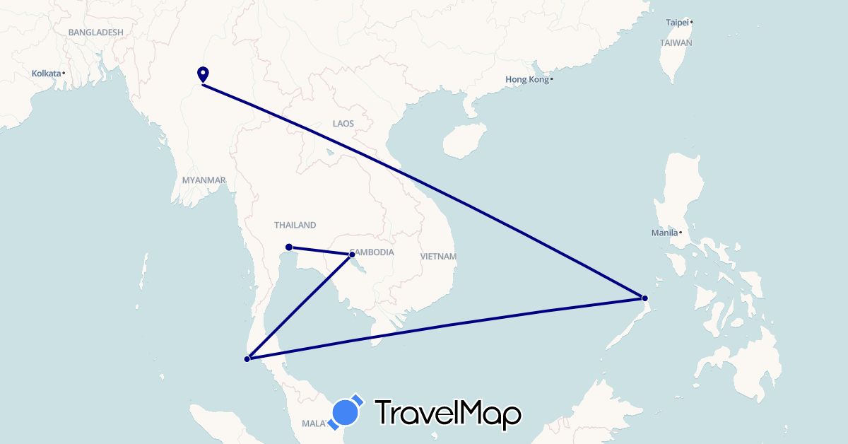 TravelMap itinerary: driving in Cambodia, Myanmar (Burma), Philippines, Thailand (Asia)